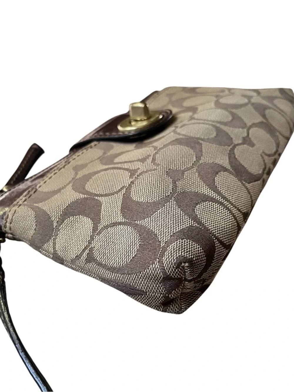 Vintage Coach Signature Brown/Tan Canvas and Leather Turnlock Pouchette Wristlet